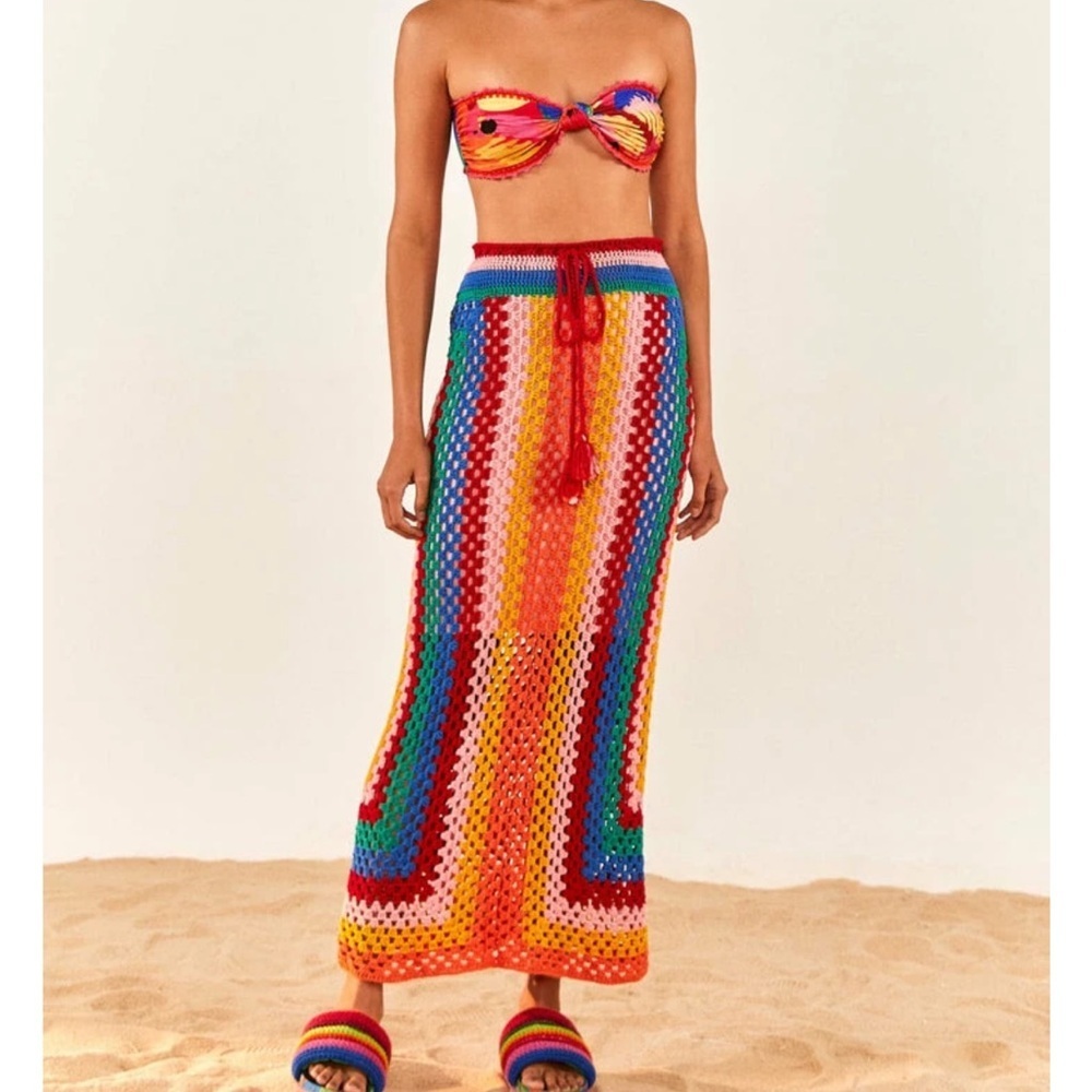 NWT FARM RIO Striped Scarf Crochet Midi Multicolor Skirt S